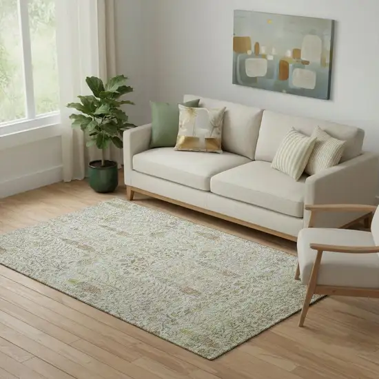 Linen And Gold Floral Vines Washable Area Rug With UV Protection Photo 2