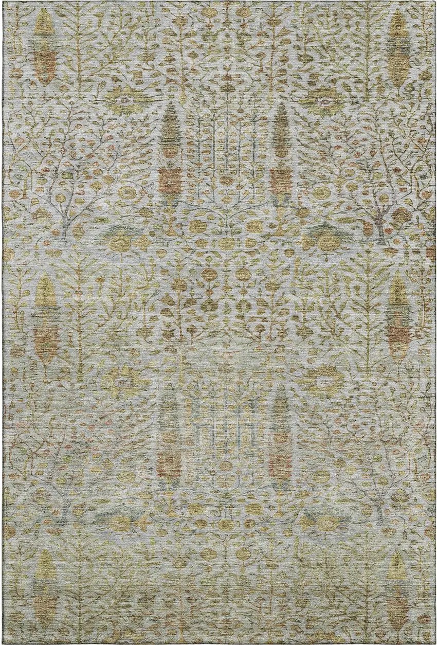 Linen And Gold Floral Vines Washable Area Rug With UV Protection Photo 1