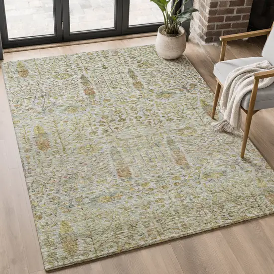 Linen And Gold Floral Vines Washable Area Rug With UV Protection Photo 4