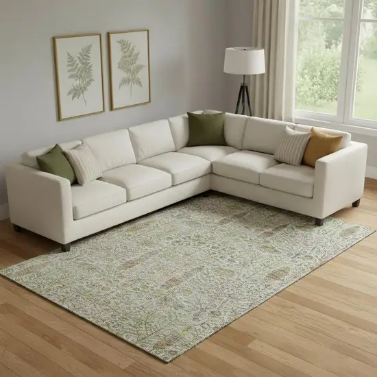 Linen And Gold Floral Vines Washable Area Rug With UV Protection Photo 2