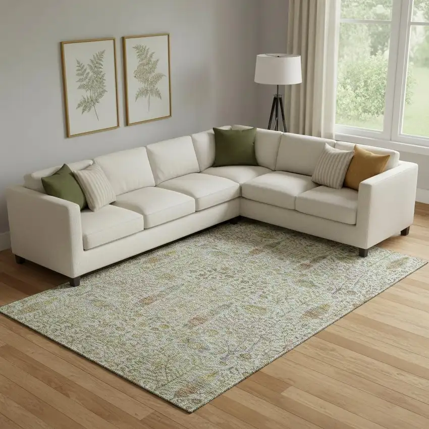 Linen And Gold Floral Vines Washable Area Rug With UV Protection Photo 2