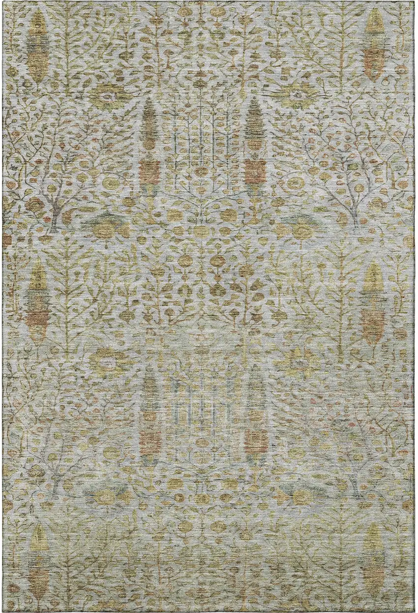 Linen And Gold Floral Vines Washable Area Rug With UV Protection Photo 4