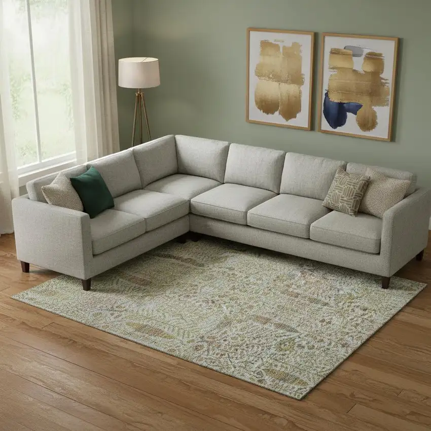 Linen And Gold Floral Vines Washable Area Rug With UV Protection Photo 2