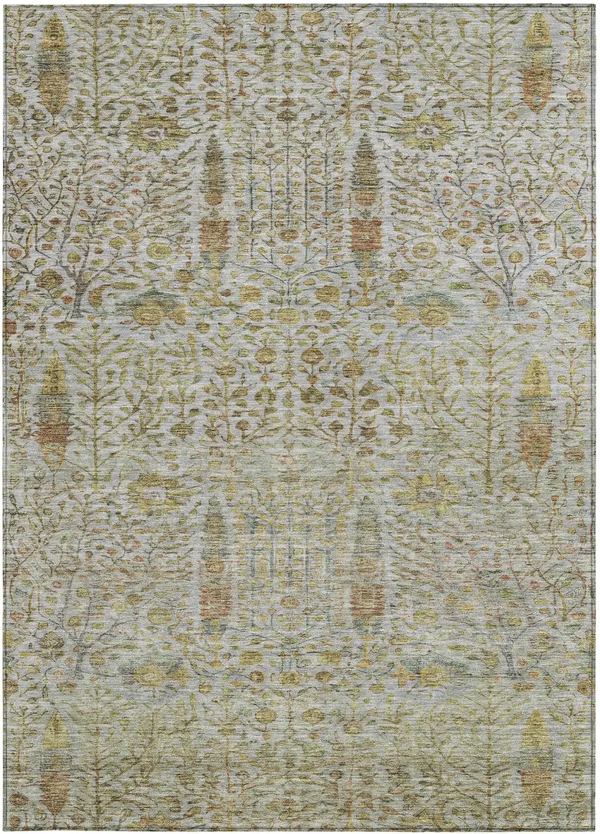 Linen And Gold Floral Washable Indoor Outdoor Area Rug Photo 3