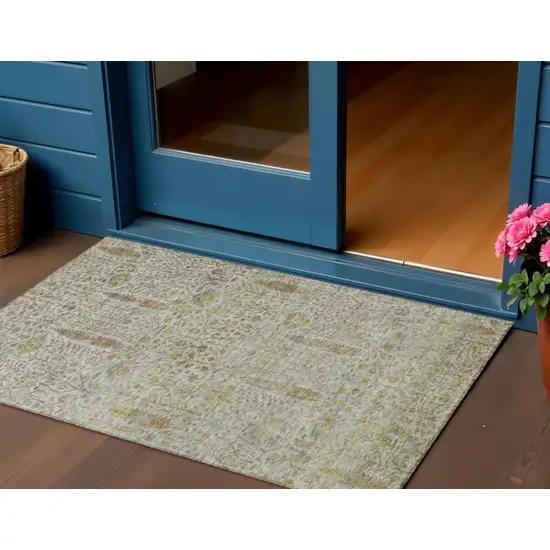 Linen And Gold Floral Washable Indoor Outdoor Area Rug Photo 2