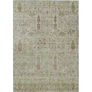 Photo of Linen And Gold Floral Washable Indoor Outdoor Area Rug