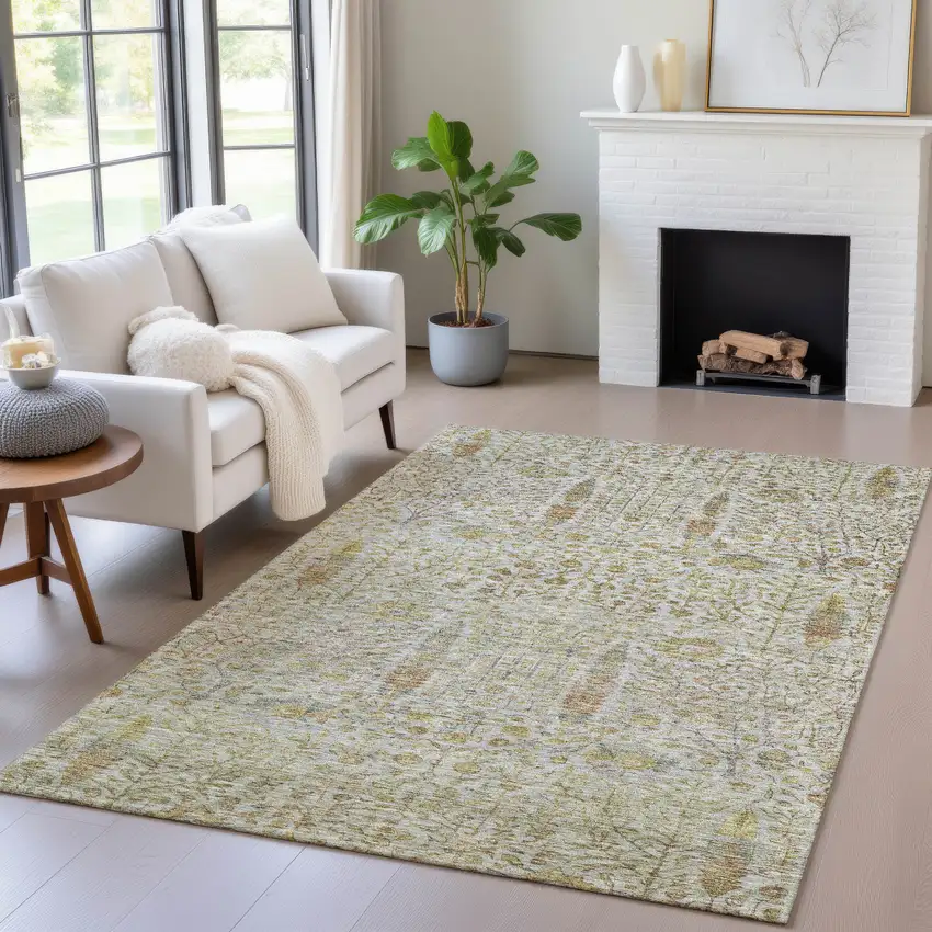 Linen And Gold Floral Washable Indoor Outdoor Area Rug Photo 6