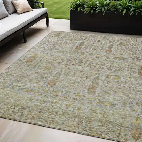 Linen And Gold Floral Washable Indoor Outdoor Area Rug Photo 2