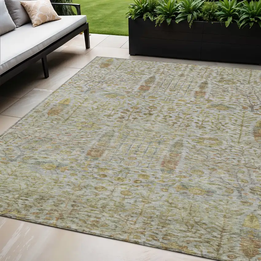 Linen And Gold Floral Washable Indoor Outdoor Area Rug Photo 2