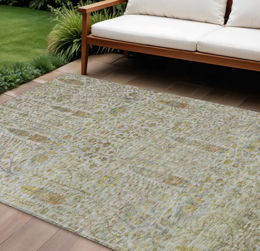 Linen And Gold Floral Washable Indoor Outdoor Area Rug Photo 2