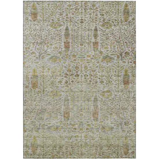 Linen And Gold Floral Washable Indoor Outdoor Area Rug Photo 1
