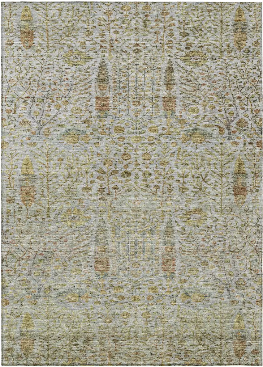 Linen And Gold Floral Washable Indoor Outdoor Area Rug Photo 1