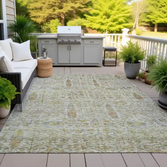 Linen And Gold Floral Washable Indoor Outdoor Area Rug Photo 5