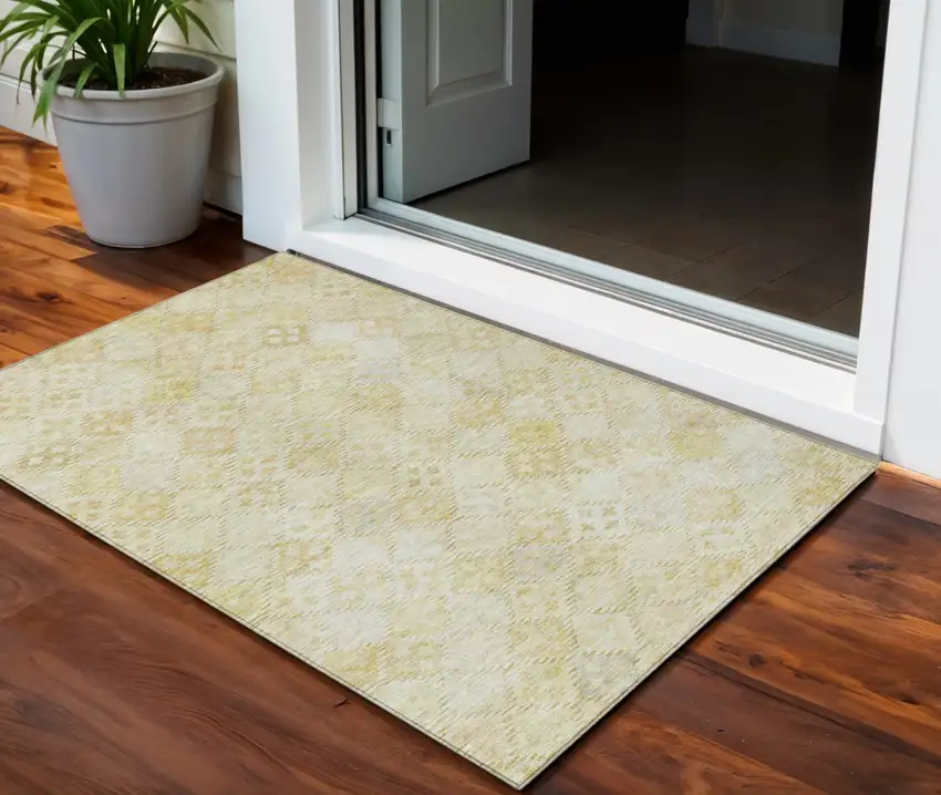 Linen And Gold Geometric Washable Indoor Outdoor Area Rug Photo 1