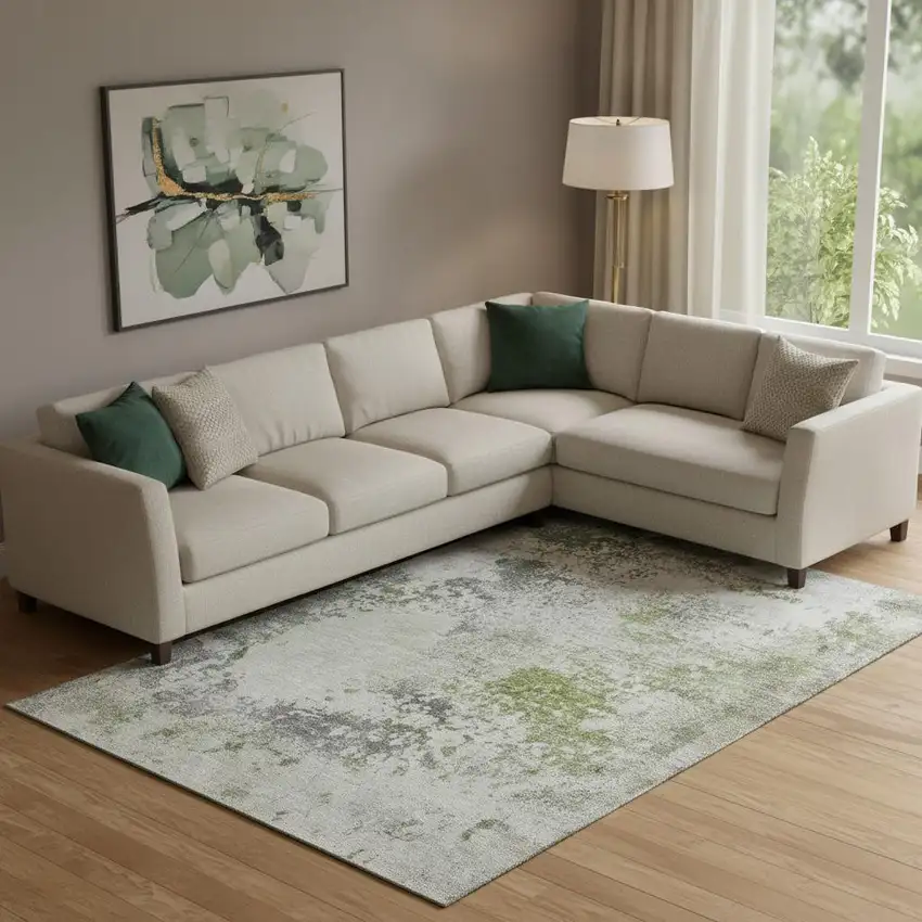 Linen And Gray Abstract Washable Area Rug With UV Protection Photo 2