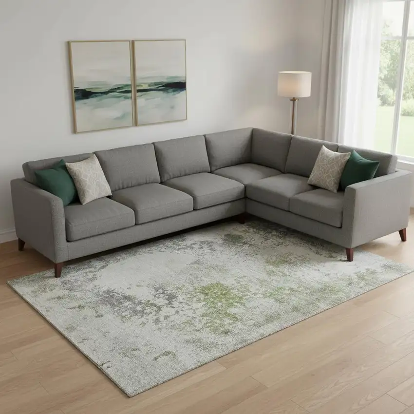 Linen And Gray Abstract Washable Area Rug With UV Protection Photo 2