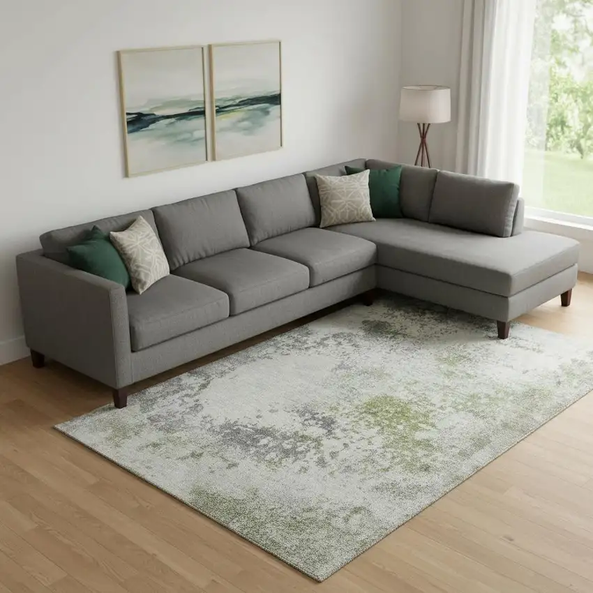 Linen And Gray Abstract Washable Area Rug With UV Protection Photo 2