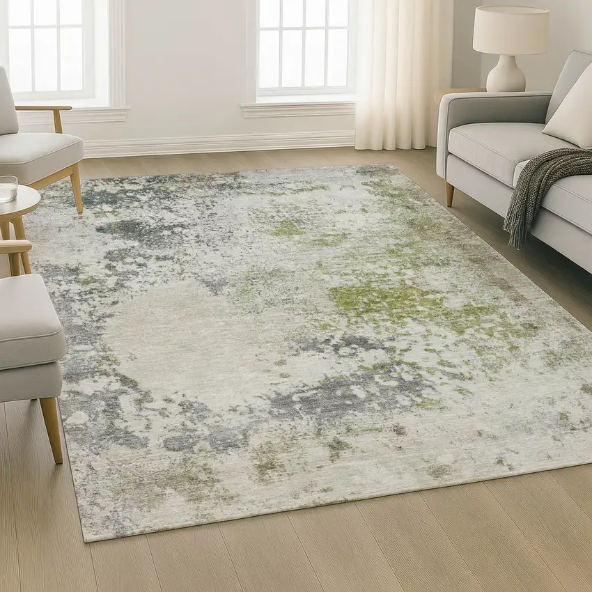 Linen And Gray Abstract Washable Area Rug With UV Protection Photo 6