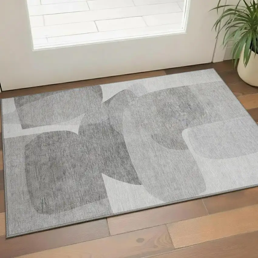 Linen And Gray Abstract Washable Area Rug With UV Protection Photo 2