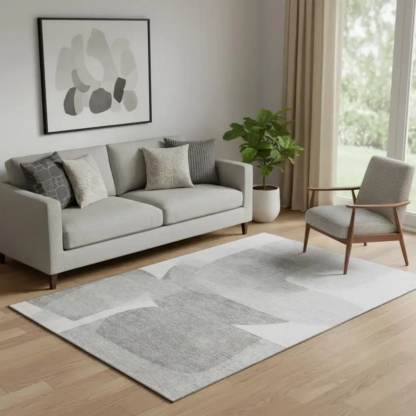 Linen And Gray Abstract Washable Area Rug With UV Protection Photo 2