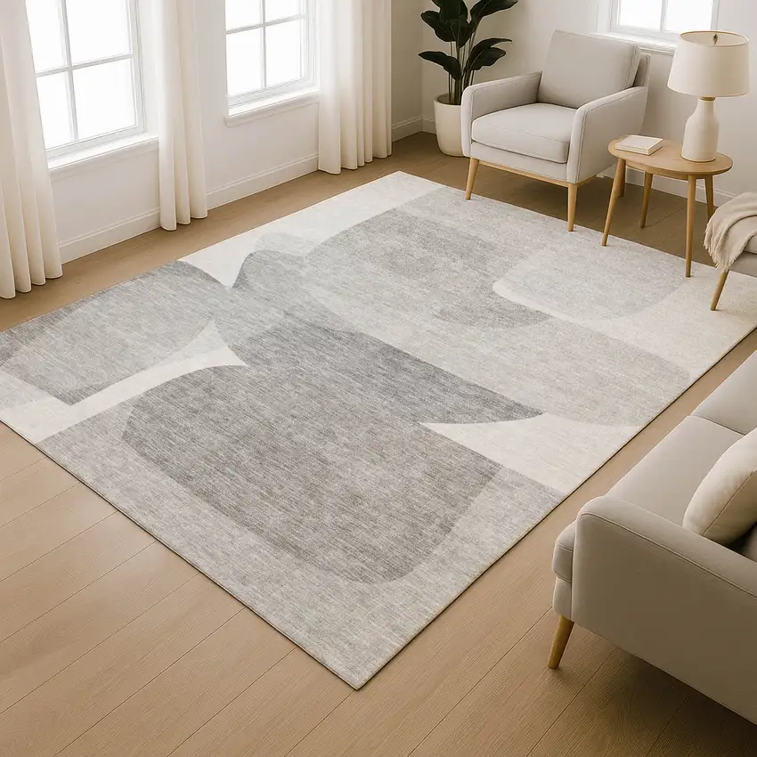 Linen And Gray Abstract Washable Area Rug With UV Protection Photo 5