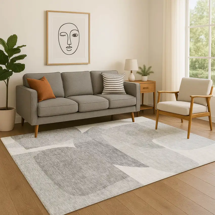 Linen And Gray Abstract Washable Area Rug With UV Protection Photo 5