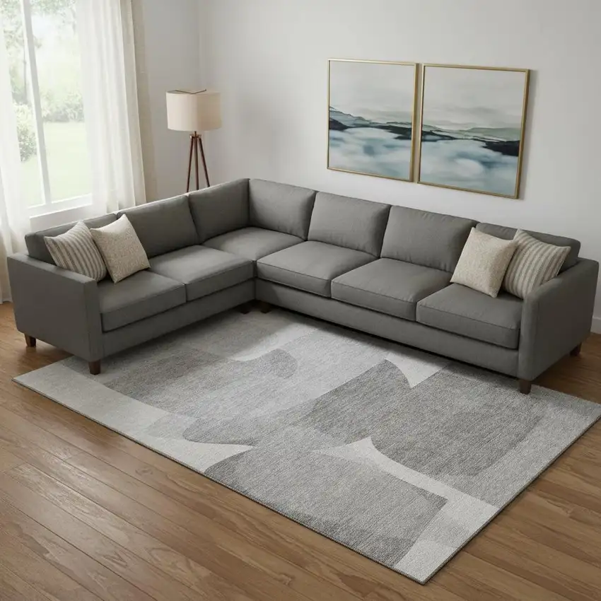 Linen And Gray Abstract Washable Area Rug With UV Protection Photo 2