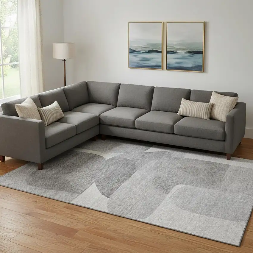 Linen And Gray Abstract Washable Area Rug With UV Protection Photo 2