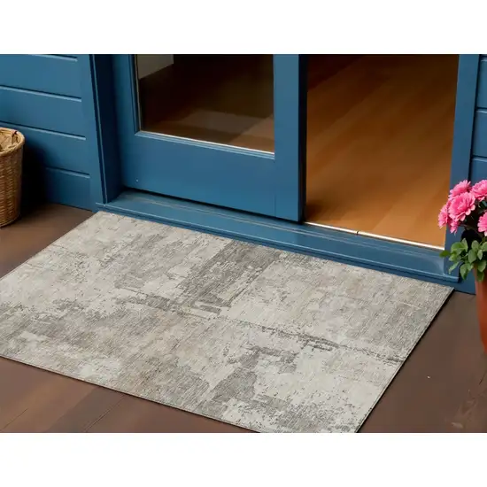 Linen And Gray Abstract Washable Indoor Outdoor Area Rug Photo 1