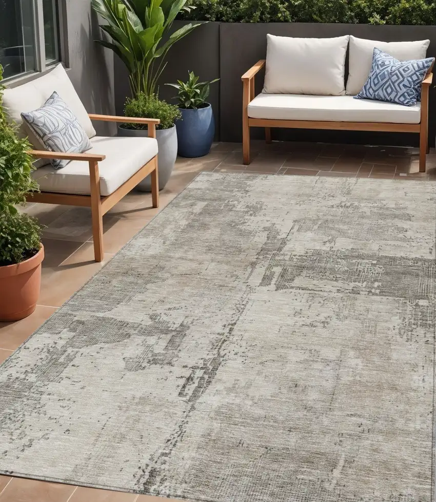 Linen And Gray Abstract Washable Indoor Outdoor Area Rug Photo 1