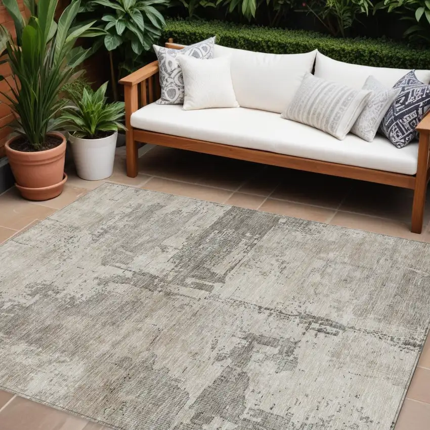 Linen And Gray Abstract Washable Indoor Outdoor Area Rug Photo 1
