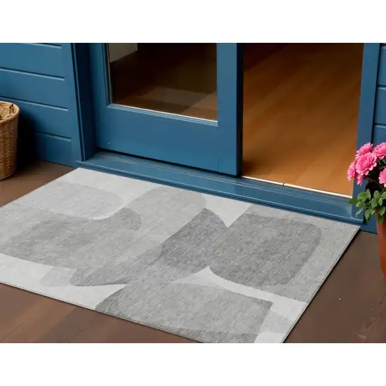 Linen And Gray Abstract Washable Indoor Outdoor Area Rug Photo 1