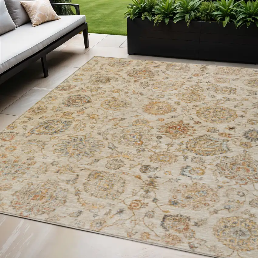 Linen And Gray Damask Washable Indoor Outdoor Area Rug Photo 2