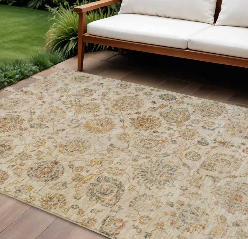 Linen And Gray Damask Washable Indoor Outdoor Area Rug Photo 2