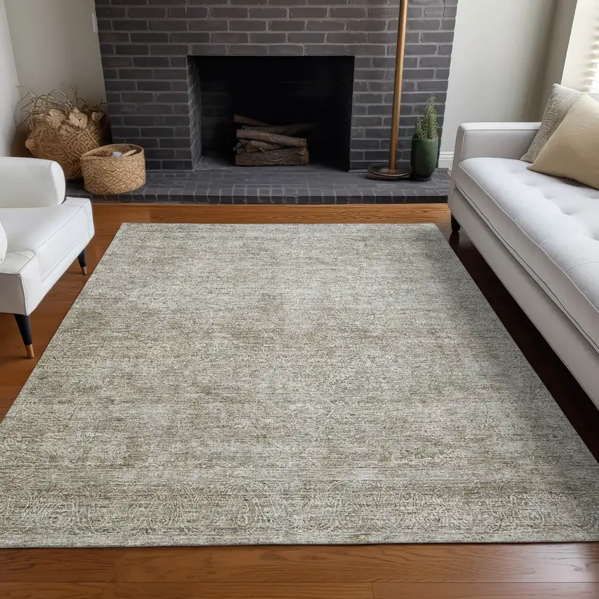 Linen And Gray Floral Washable Indoor Outdoor Area Rug Photo 9