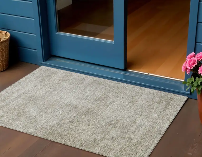 Linen And Gray Floral Washable Indoor Outdoor Area Rug Photo 1