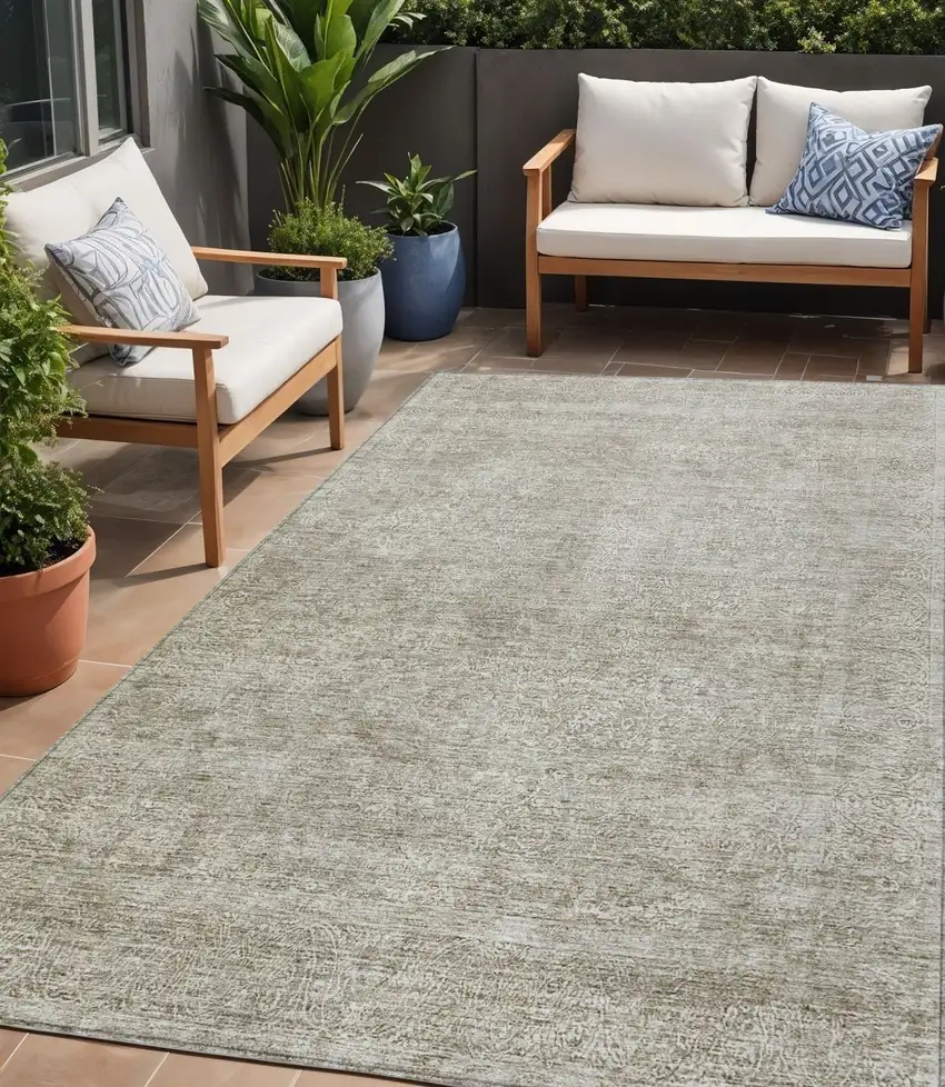 Linen And Gray Floral Washable Indoor Outdoor Area Rug Photo 1