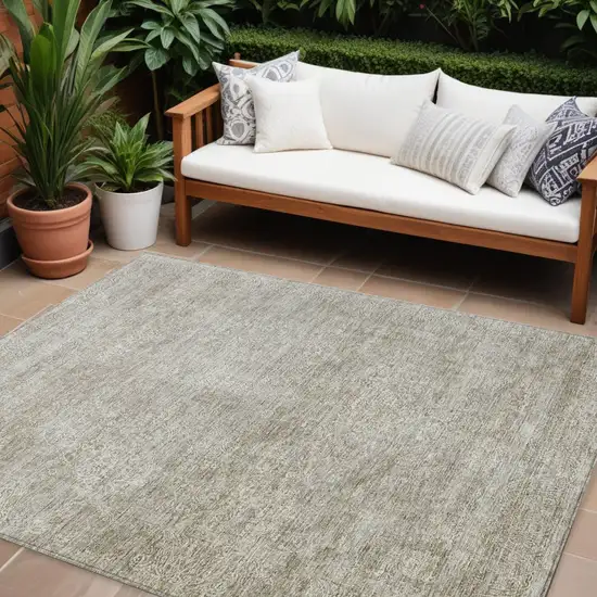 Linen And Gray Floral Washable Indoor Outdoor Area Rug Photo 1