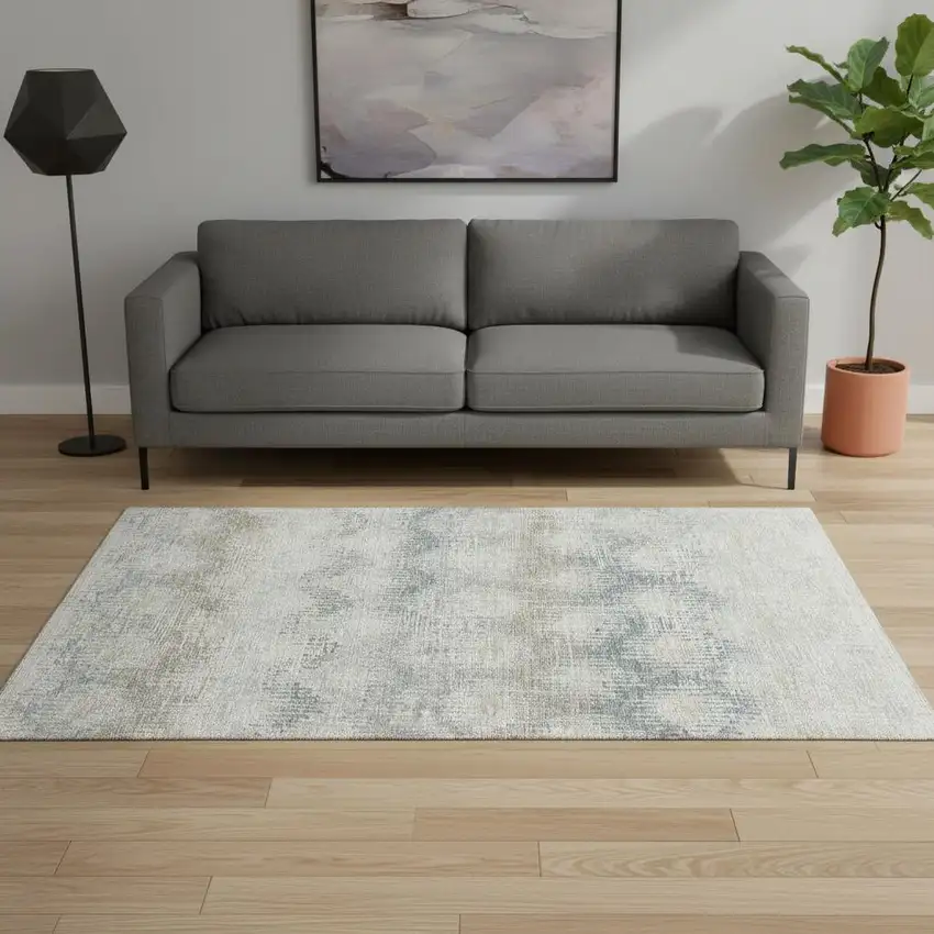Linen And Ivory Abstract Washable Area Rug With UV Protection Photo 1