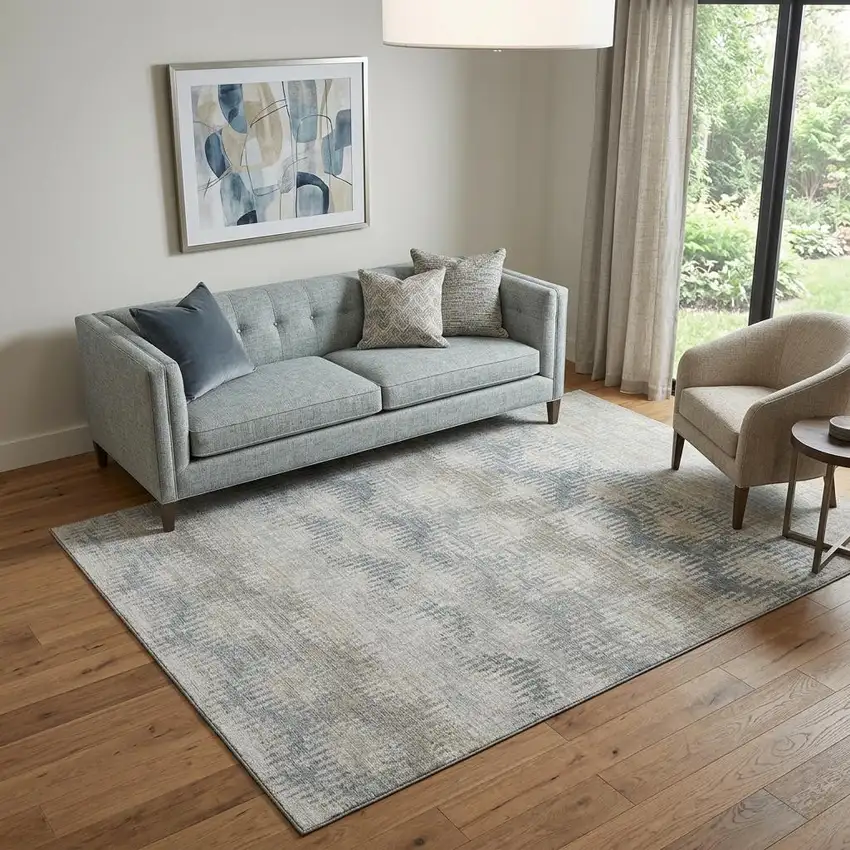 Linen And Ivory Abstract Distressed Washable Area Rug With UV Protection Photo 1