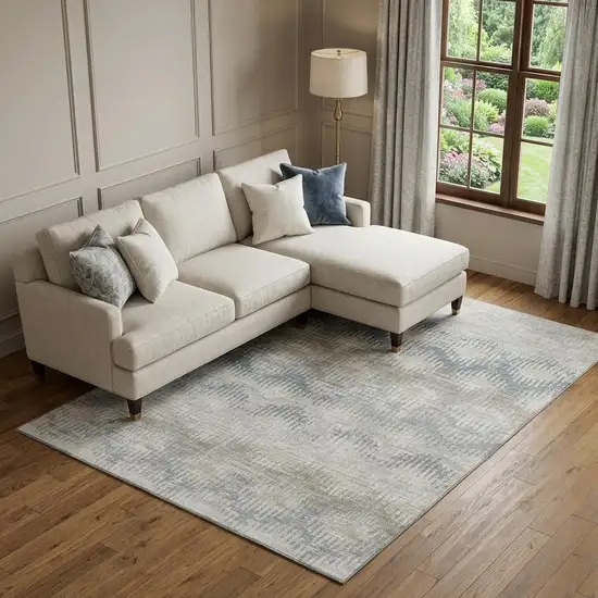 Linen And Ivory Abstract Distressed Washable Area Rug With UV Protection Photo 1