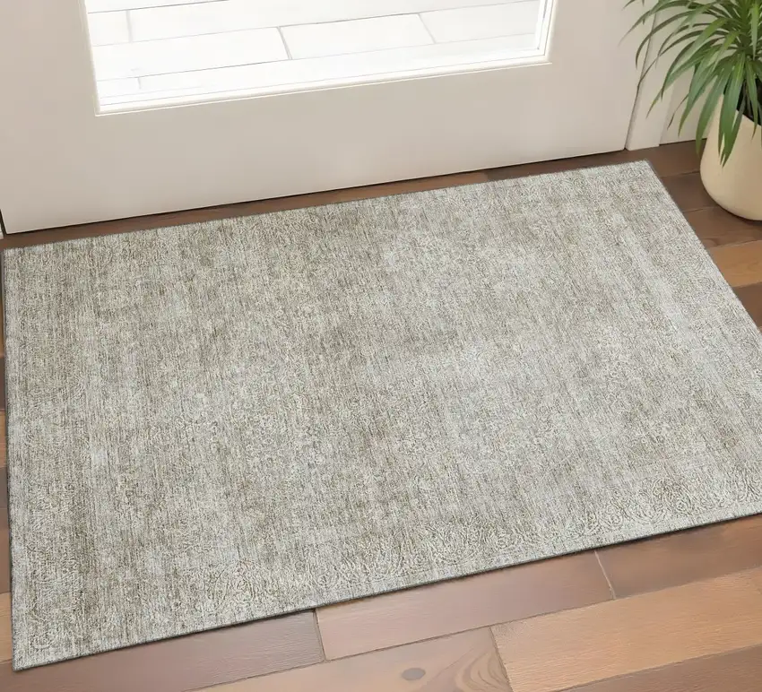 Linen And Ivory Abstract Washable Area Rug With UV Protection Photo 1