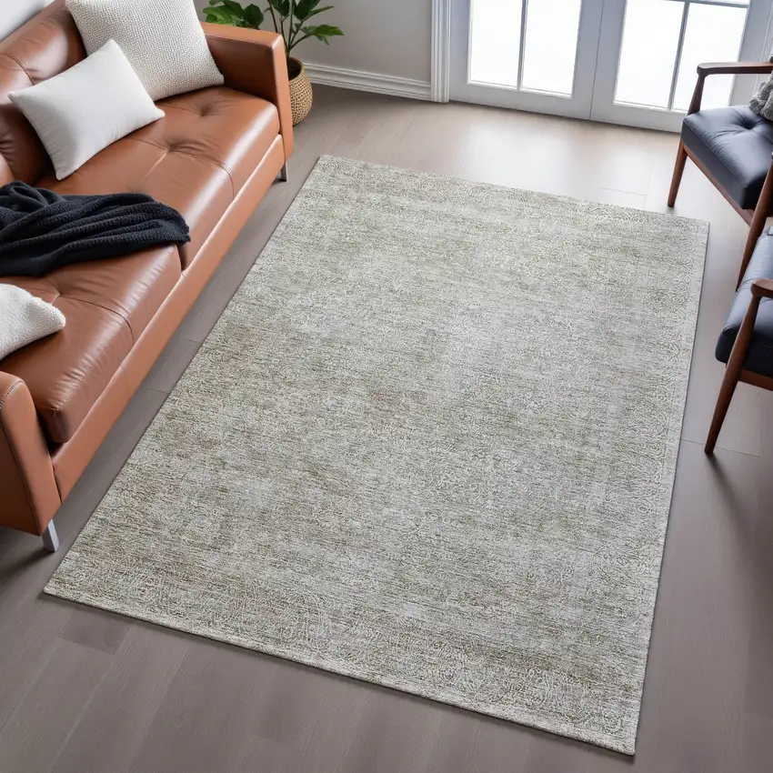 Linen And Ivory Abstract Washable Area Rug With UV Protection Photo 3