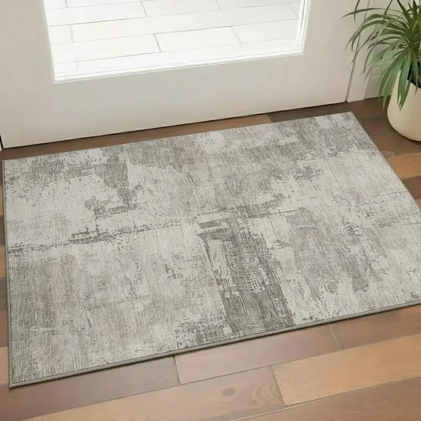 Linen And Ivory Abstract Washable Area Rug With UV Protection Photo 2
