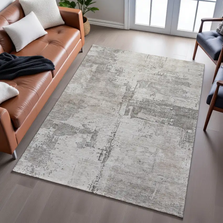 Linen And Ivory Abstract Washable Area Rug With UV Protection Photo 5