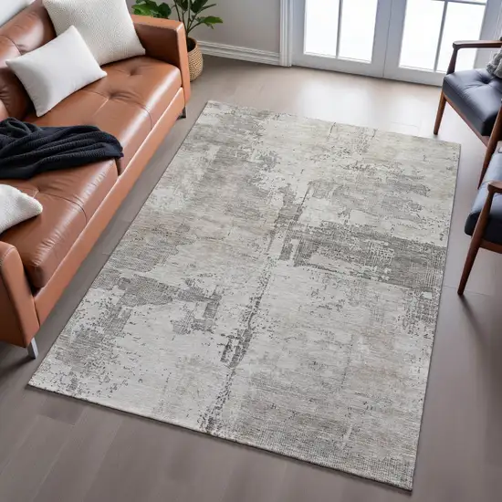 Linen And Ivory Abstract Washable Area Rug With UV Protection Photo 5
