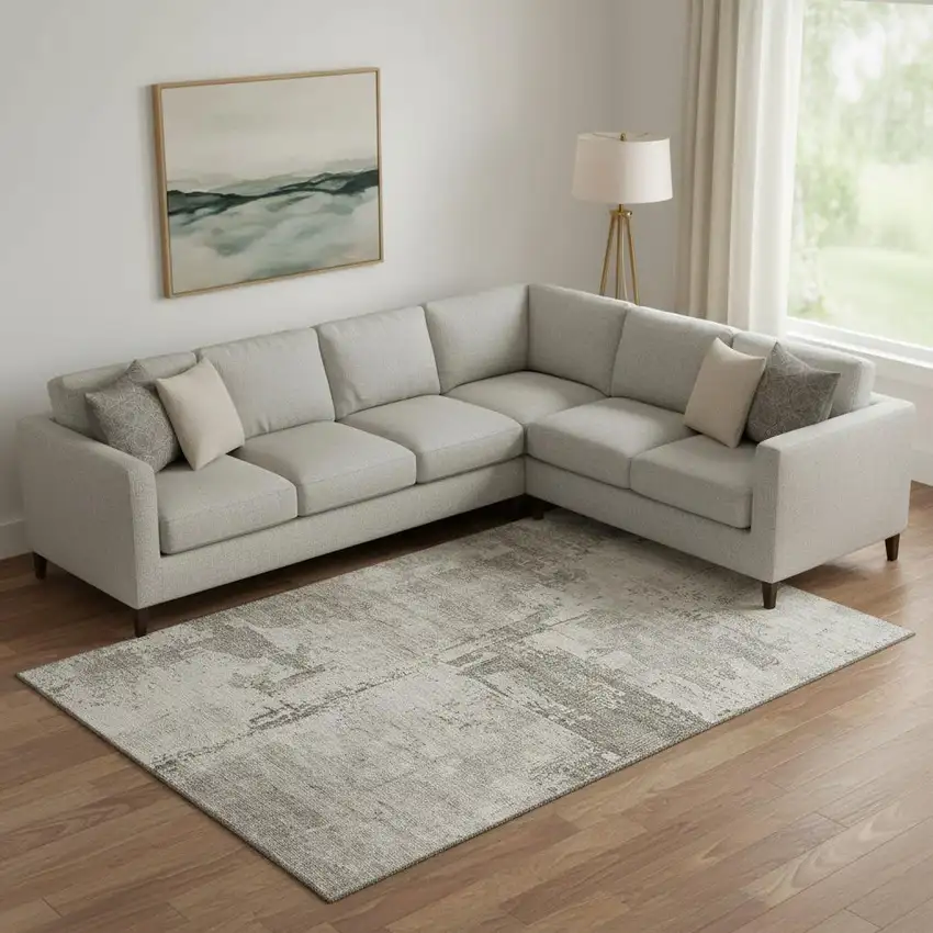 Linen And Ivory Abstract Washable Area Rug With UV Protection Photo 2