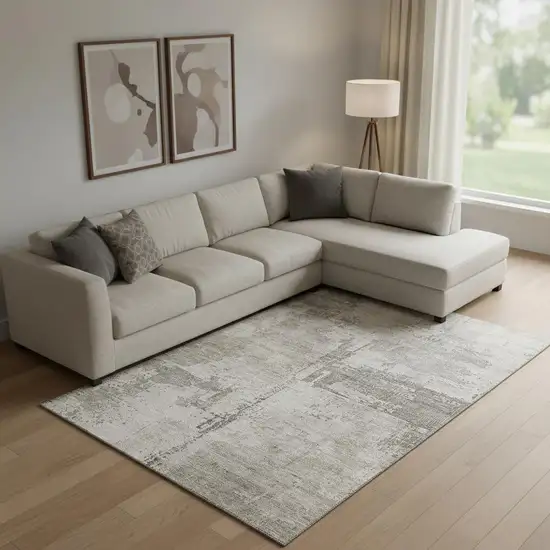 Linen And Ivory Abstract Washable Area Rug With UV Protection Photo 2