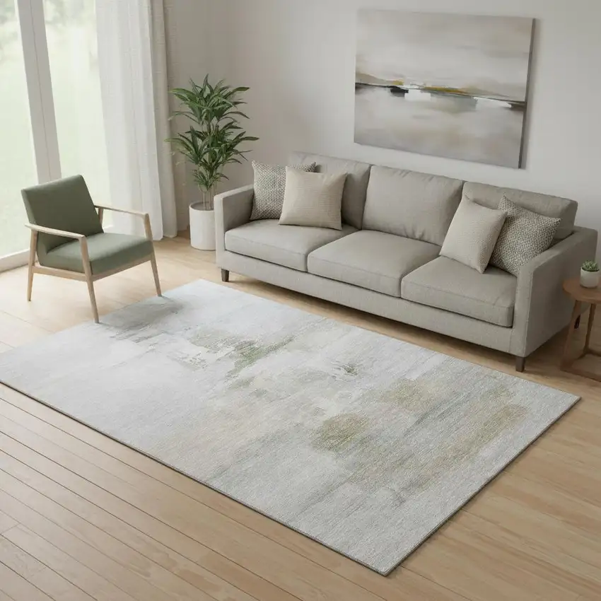 Linen And Ivory Abstract Washable Area Rug With UV Protection Photo 2