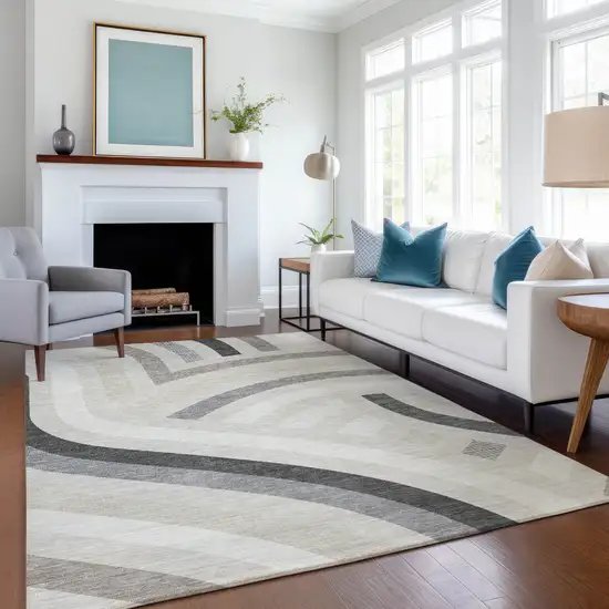 Linen And Ivory Abstract Washable Indoor Outdoor Area Rug Photo 6